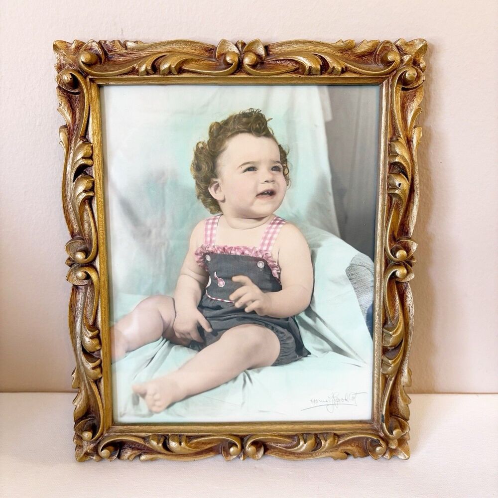 Vtg Mid Century Ornate Gold Frame Hand Tinted Baby Photo Homer Gardner Photograp